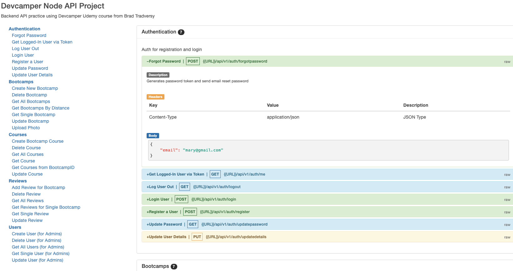 devcamper node.js api